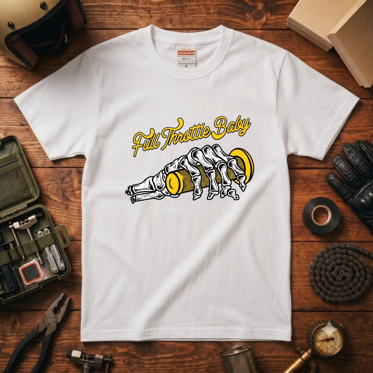 FULL THROTTLE | スケルトン ハンド アクセル グラフィック Tシャツ【バイク乗りの日常・カスタム・オシャレ・ギフトに最適】