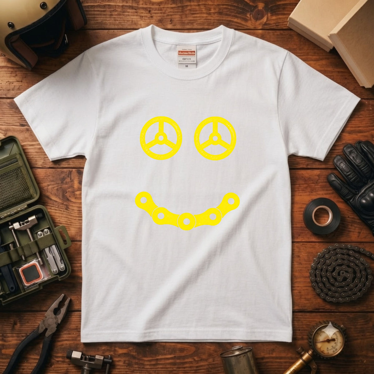STEERING SMILE | 黄色 スマイル カーステアリング チェーン ミニマル グラフィック Tシャツ【バイク雑貨・普段着・メンズ・オシャレ・ギフトに最適】
