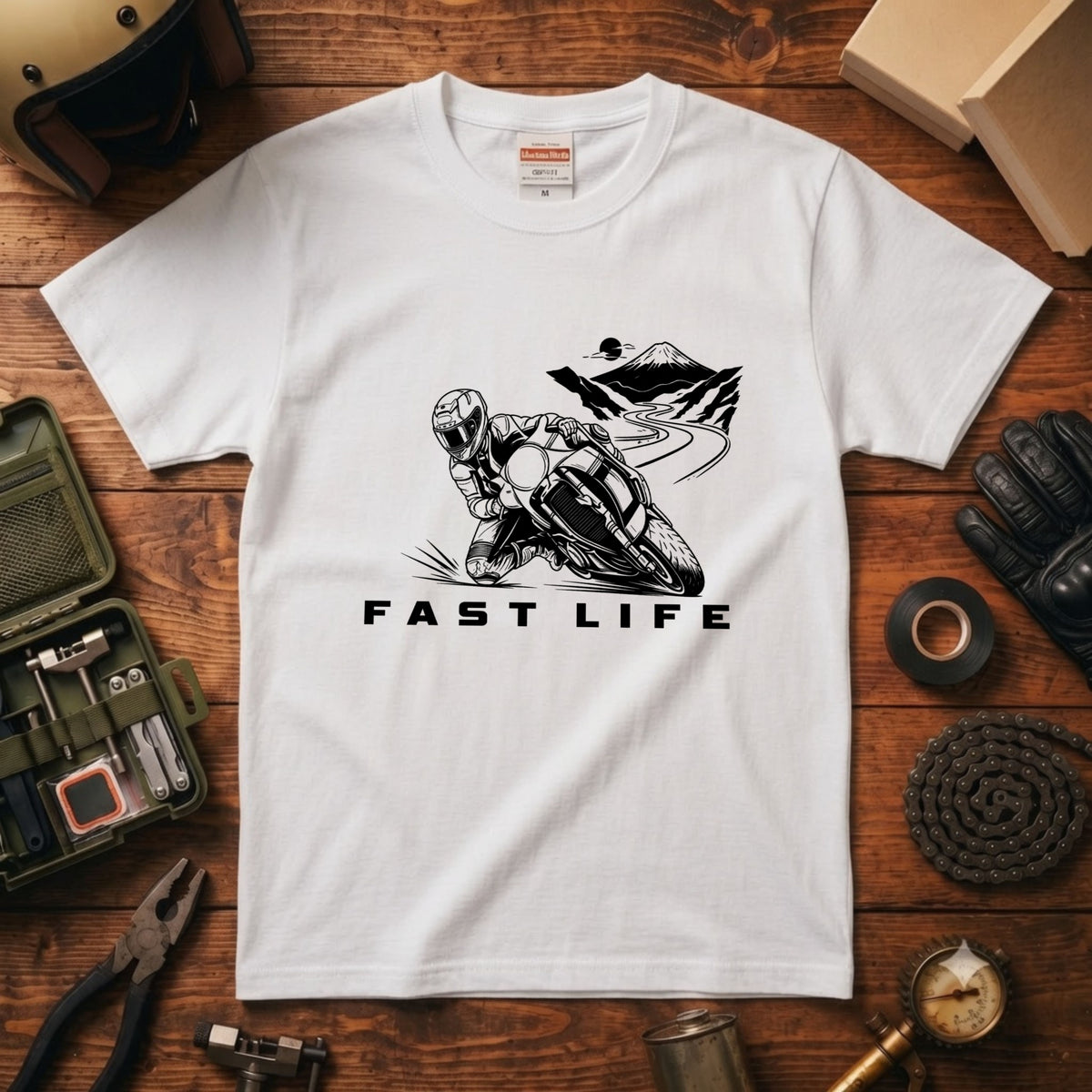 FAST LIFE | バイク 膝すり モーターサイクル マウンテンロード Tシャツ【バイク乗りの日常・峠・オシャレ・ギフトに最適】
