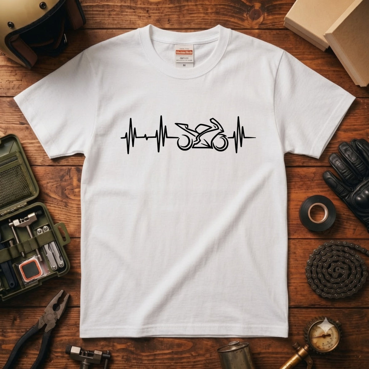 BIKE HEARTBEAT | スーパースポーツ 心電図ライン モノトーン グラフィック Tシャツ【バイク乗りの日常・峠・オシャレ・ギフトに最適】