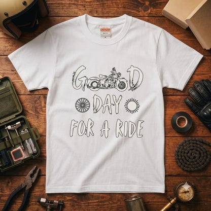GOOD DAY FOR A RIDE | ビンテージ モーターサイクル 手書き風 グラフィック Tシャツ【バイク乗りの日常・ツーリング・オシャレ・ギフトに最適】