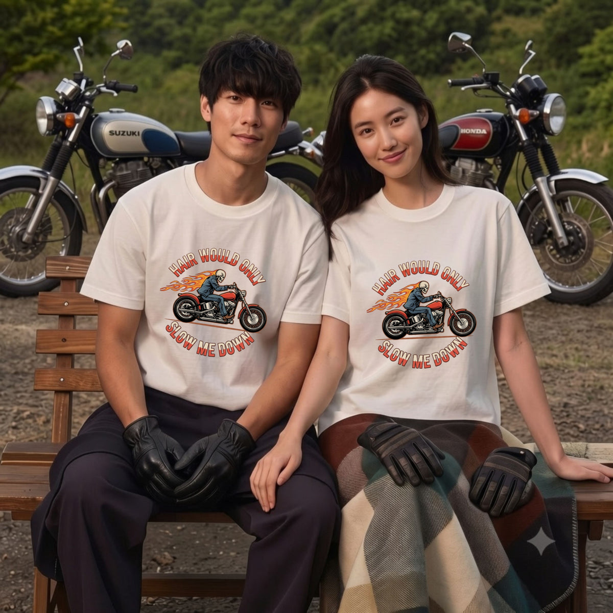 HAIR WOULD ONLY SLOW ME DOWN | スカル バイカー アメリカンバイク 骸骨 パロディ Tシャツ【バイク好き・ハーレー・おもしろ・誕生日ギフトに最適】