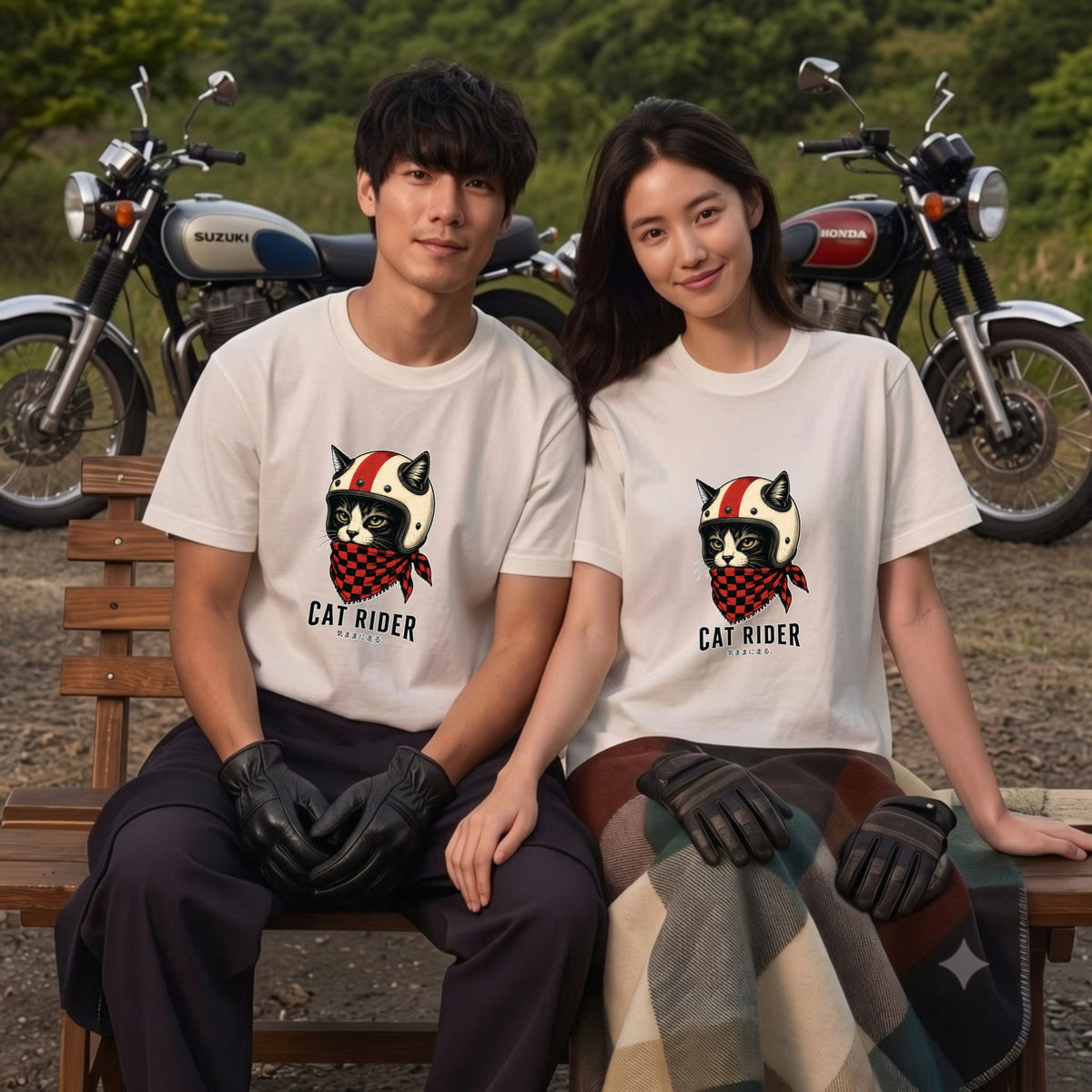 VINTAGE CAT RIDER | クラシック ヘルメット 猫グラフィック アメカジ モーターサイクル Tシャツ【バイカーファッション・普段着・ツーリング・ユニセックス・ギフトに最適】