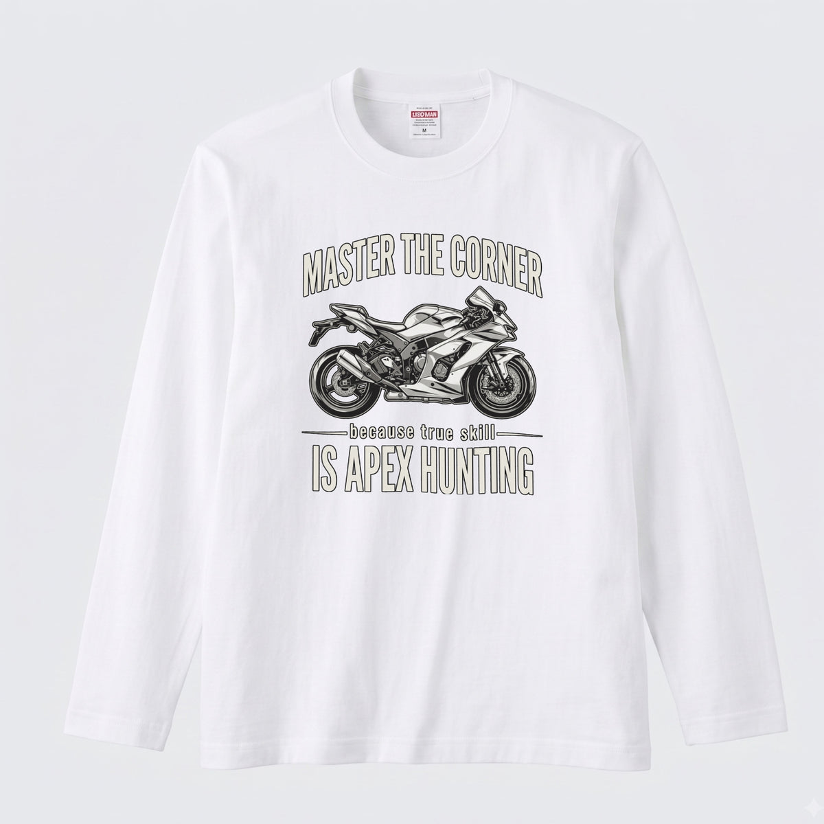 MASTER THE CORNER | モーターサイクル レーサー イラスト 英字ロゴ 長袖Tシャツ【バイク男子・バイク女子・ストリート・ギフト】