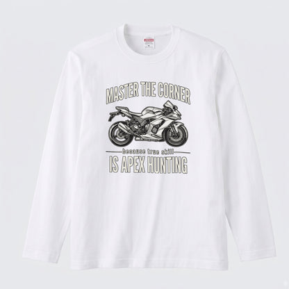 MASTER THE CORNER | モーターサイクル レーサー イラスト 英字ロゴ 長袖Tシャツ【バイク男子・バイク女子・ストリート・ギフト】