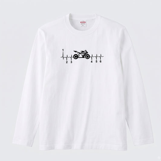 MOTORBIKE BEAT | バイク ギア 心電図 イラスト シンプル モノトーン 長袖Tシャツ【バイク乗り・メンズ・ストリート・ギフト】