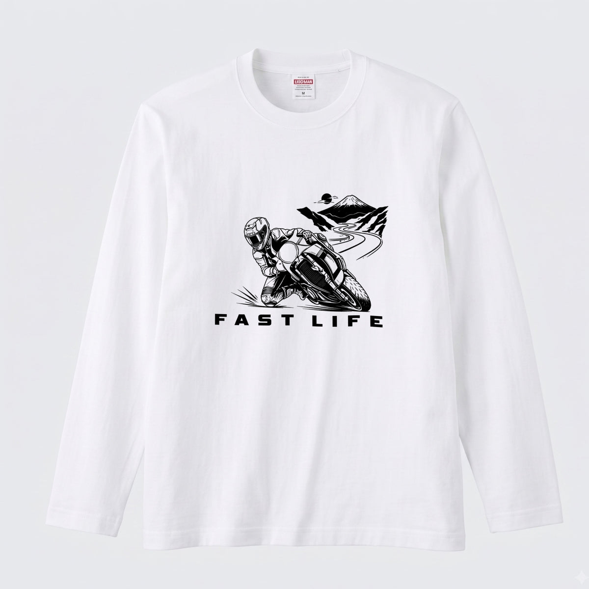 FAST LIFE | モーターサイクル レーサー イラスト モノトーン 長袖Tシャツ【バイク男子・バイク女子・ストリート・ギフト】