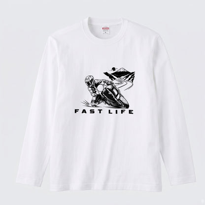 FAST LIFE | モーターサイクル レーサー イラスト モノトーン 長袖Tシャツ【バイク男子・バイク女子・ストリート・ギフト】