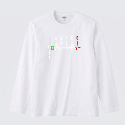 SHIFT HEARTBEAT | バイク シフト ギア 心電図 イラスト スポーティ 長袖Tシャツ【バイク男子・バイク女子・ルームウェア・ギフト】