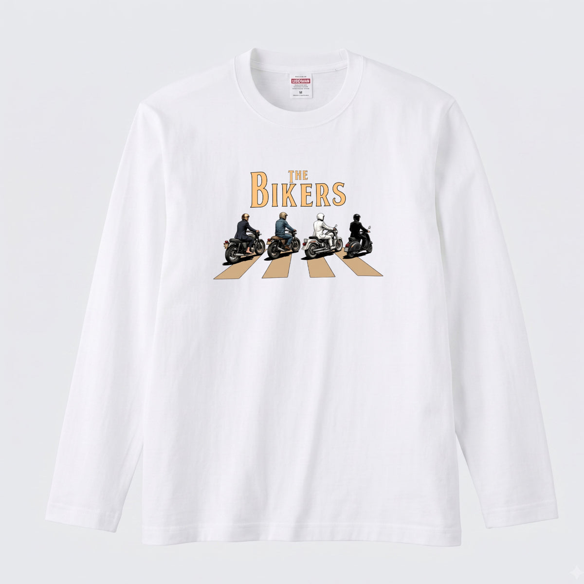 THE BIKERS CROSSING | クラシックバイク スクーター ライダー仲間 横断歩道 イラスト 長袖Tシャツ【バイク好き・ツーリングウェア・普段着・プレゼントに最適】