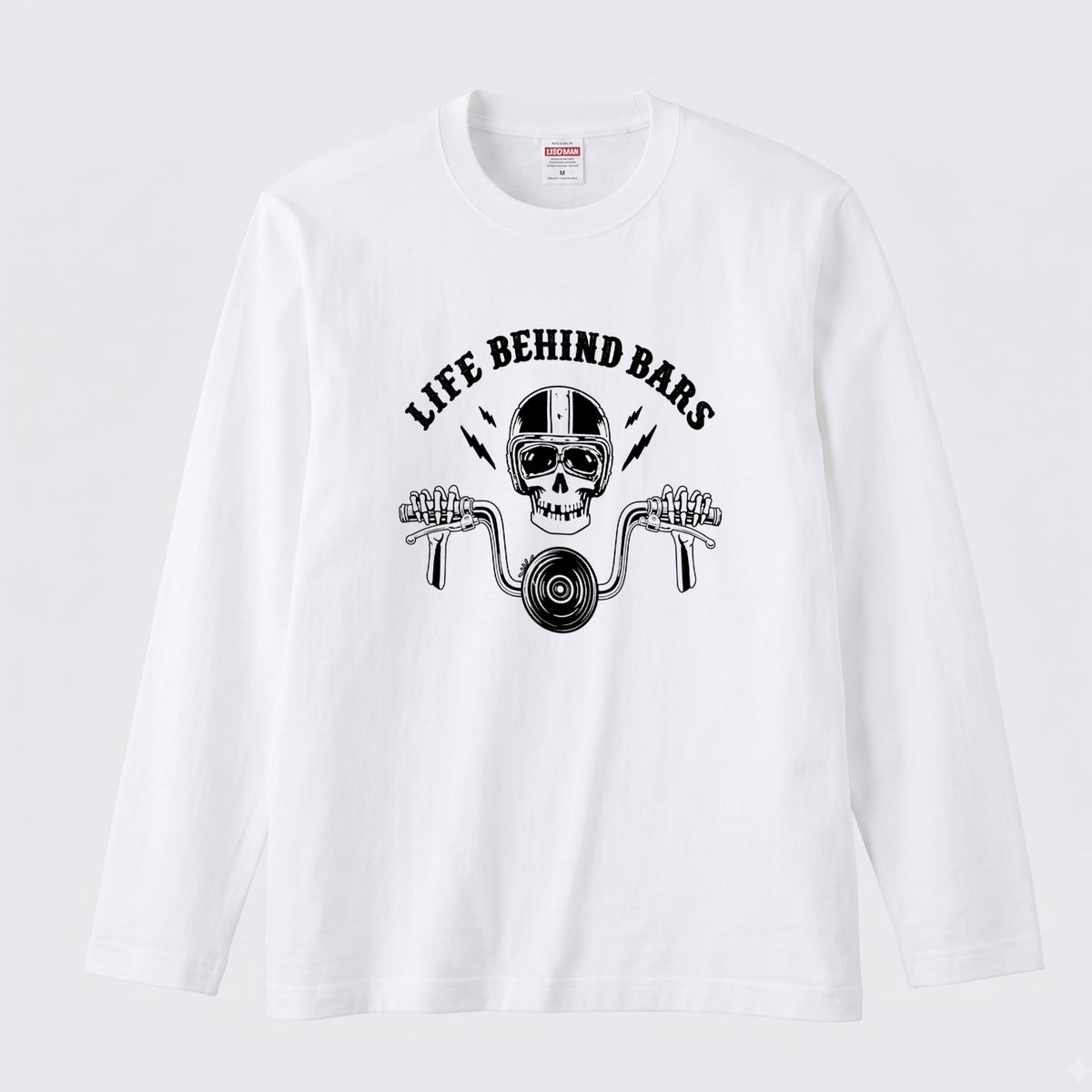 LIFE BEHIND BARS | スカル ライダー チョッパー ハンドル ヴィンテージ風 ロック グラフィック 長袖Tシャツ【バイク雑貨・ツーリング・カジュアル・ギフトに最適】