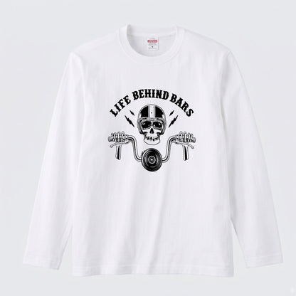 LIFE BEHIND BARS | スカル ライダー チョッパー ハンドル ヴィンテージ風 ロック グラフィック 長袖Tシャツ【バイク雑貨・ツーリング・カジュアル・ギフトに最適】