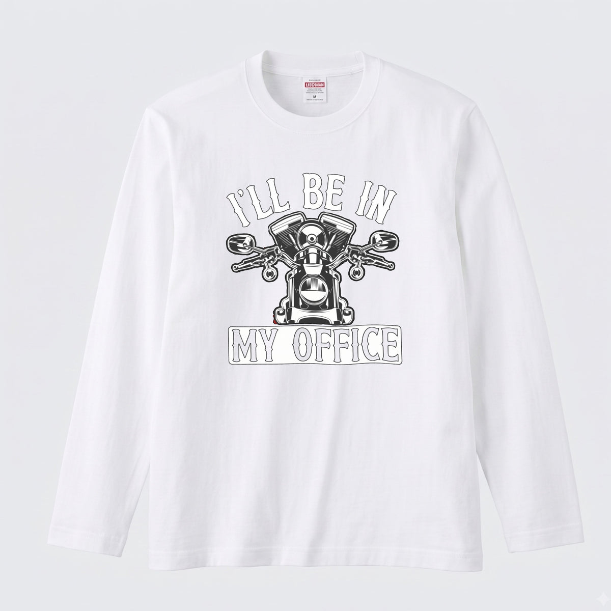 バイク おもしろ ロンT I'LL BE IN MY OFFICE Vツイン エンジン アメリカン クルーザー 長袖 Tシャツ メッセージ メンズ レディース バイク乗り ライダー ツーリング 服 ギフト