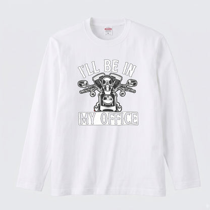 バイク おもしろ ロンT I'LL BE IN MY OFFICE Vツイン エンジン アメリカン クルーザー 長袖 Tシャツ メッセージ メンズ レディース バイク乗り ライダー ツーリング 服 ギフト