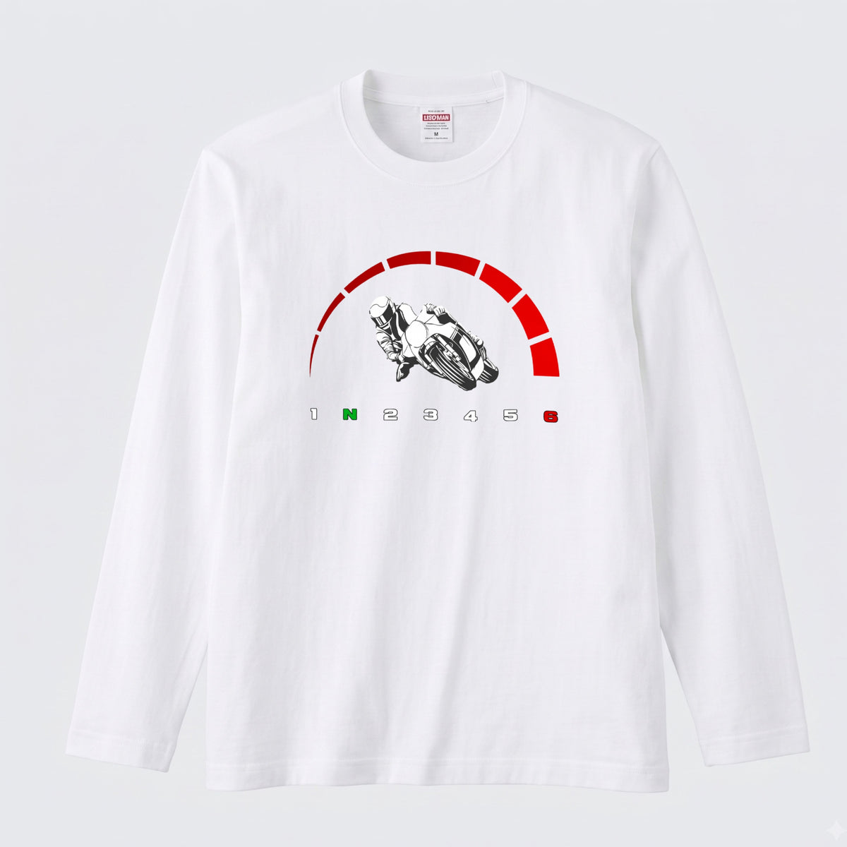 【サーキット＆SS好き必見】バイク タコメーター レッドゾーン ロングスリーブ Tシャツ 1N23456 ツーリング バイクウェア カジュアル ライダー ギフト