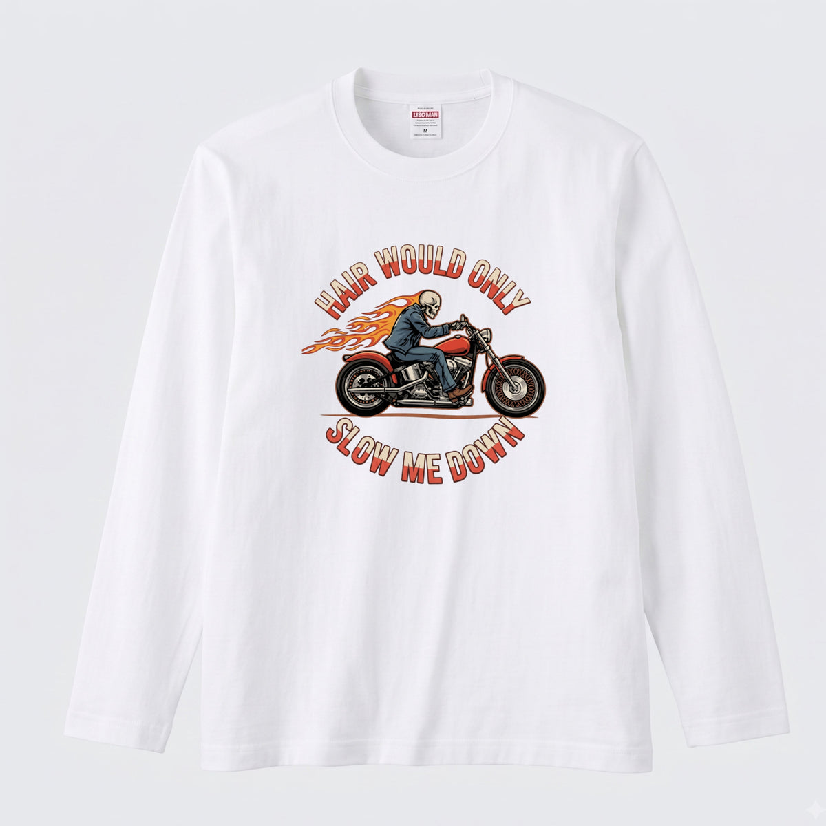 バイク スカル ロンT HAIR WOULD ONLY SLOW ME DOWN ドクロ 炎 ファイヤー アメリカン クルーザー 長袖 Tシャツ メンズ レディース バイク乗り ライダー ツーリング 服 おもしろ ギフト