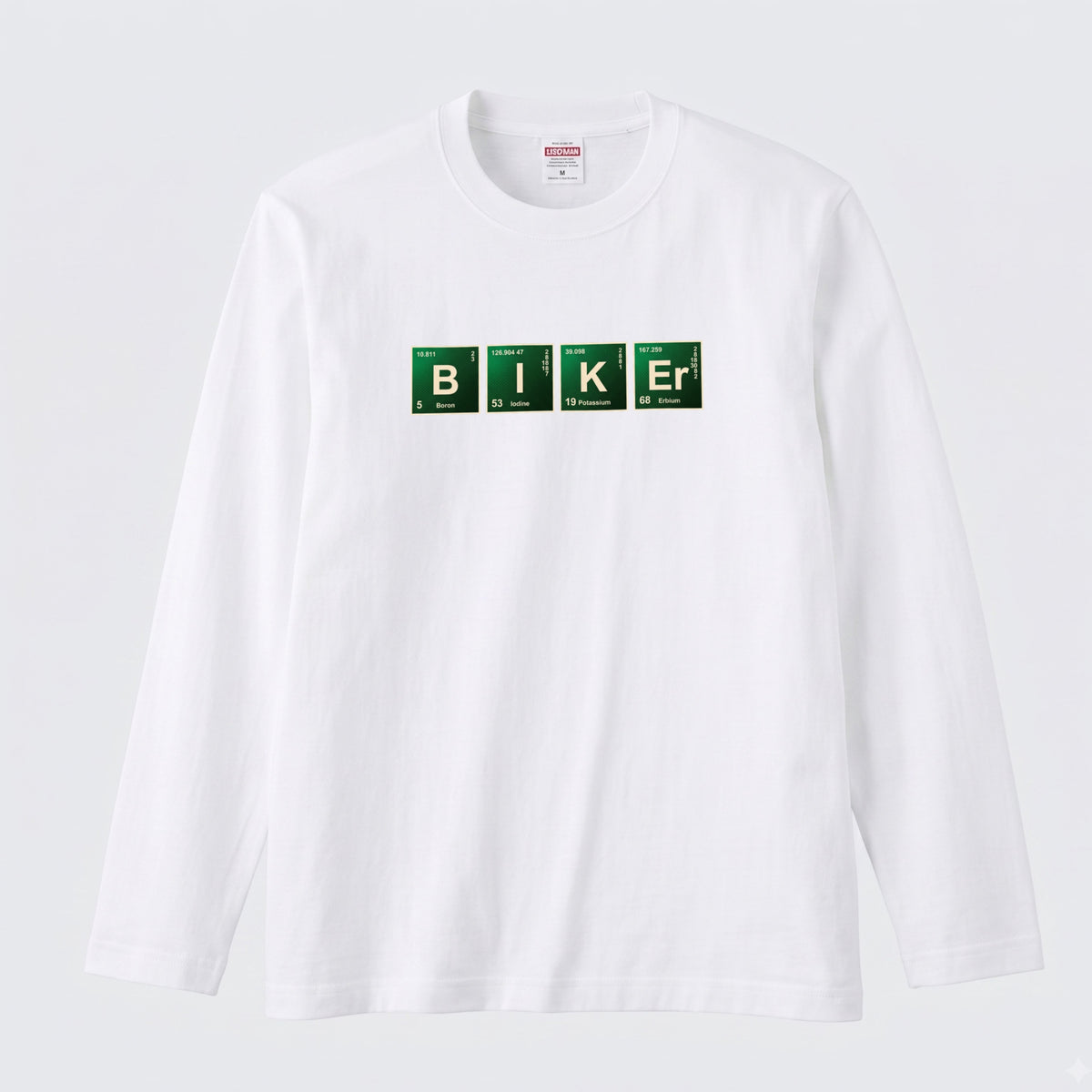 BIKER CHEMISTRY | 周期表 パロディ バイク ライダー 英字 ロゴ 長袖Tシャツ【バイク好き・ツーリングウェア・普段着・プレゼントに最適】