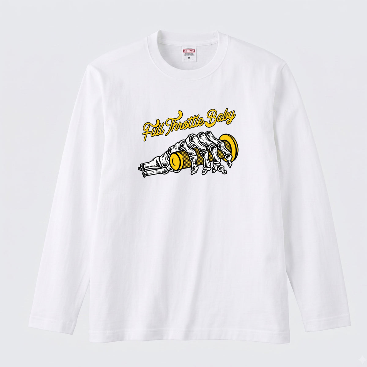 FULL THROTTLE BABY | アメカジ スケルトン グリップ バイク乗り イラスト 長袖Tシャツ【バイク好き・ガレージ・ツーリングウェア・プレゼントに最適】