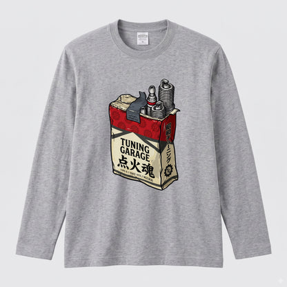 【昭和レトロ・車バイク好き】TUNING GARAGE 点火魂 ロングスリーブ Tシャツ プラグ ガレージウェア ツーリング カジュアル おもしろ プレゼント