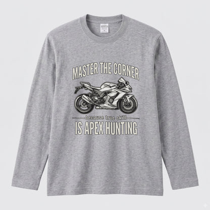 MASTER THE CORNER | モーターサイクル レーサー イラスト 英字ロゴ 長袖Tシャツ【バイク男子・バイク女子・ストリート・ギフト】