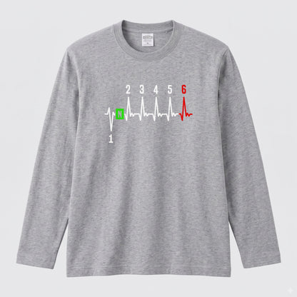 SHIFT HEARTBEAT | バイク シフト ギア 心電図 イラスト スポーティ 長袖Tシャツ【バイク男子・バイク女子・ルームウェア・ギフト】