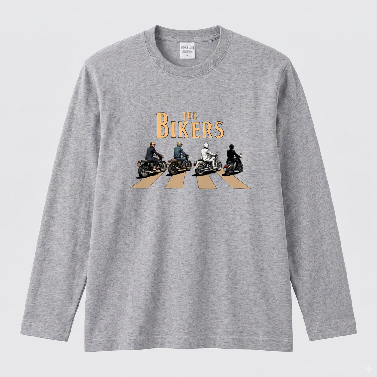 THE BIKERS CROSSING | クラシックバイク スクーター ライダー仲間 横断歩道 イラスト 長袖Tシャツ【バイク好き・ツーリングウェア・普段着・プレゼントに最適】