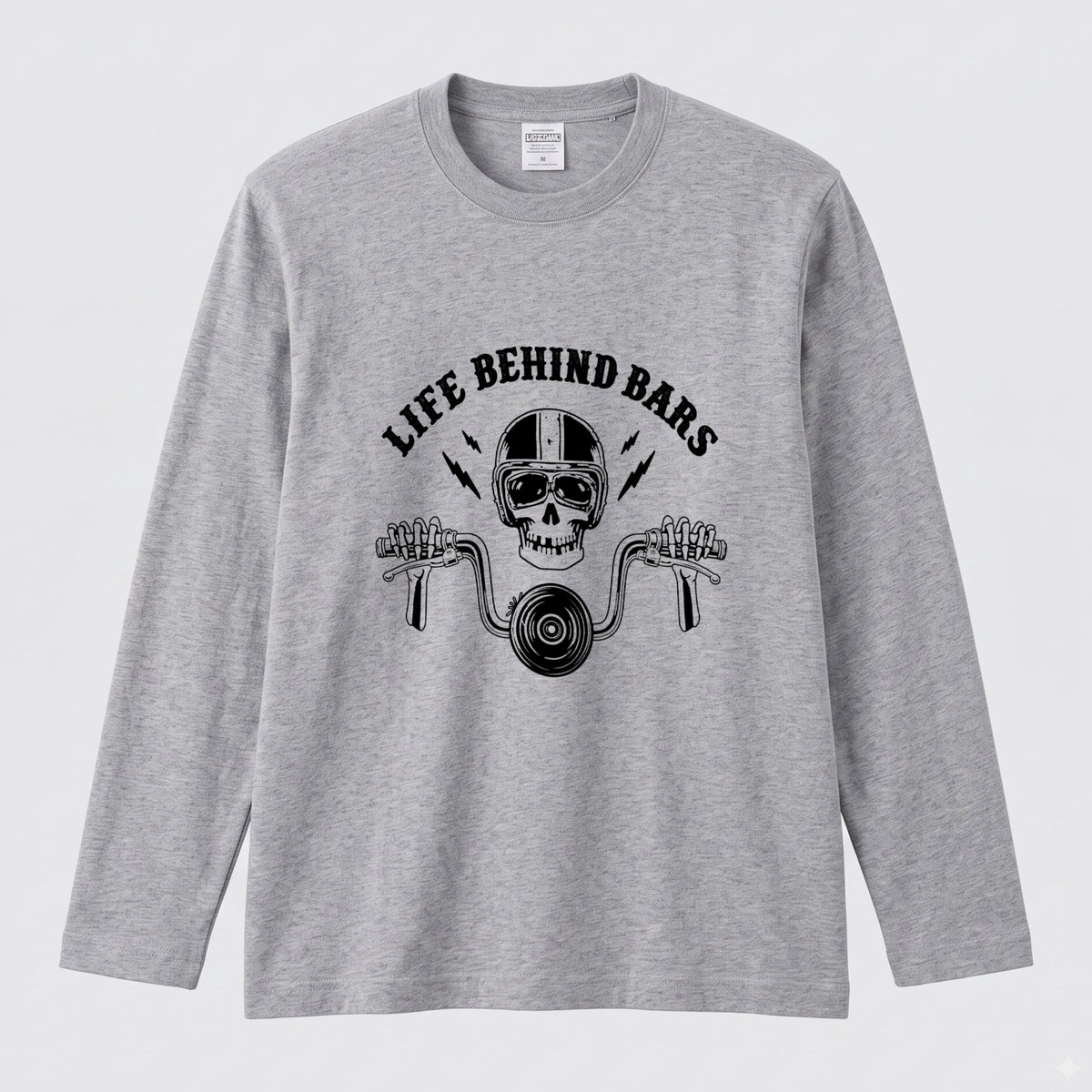 LIFE BEHIND BARS | スカル ライダー チョッパー ハンドル ヴィンテージ風 ロック グラフィック 長袖Tシャツ【バイク雑貨・ツーリング・カジュアル・ギフトに最適】
