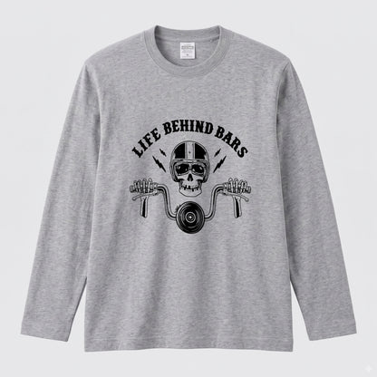 LIFE BEHIND BARS | スカル ライダー チョッパー ハンドル ヴィンテージ風 ロック グラフィック 長袖Tシャツ【バイク雑貨・ツーリング・カジュアル・ギフトに最適】