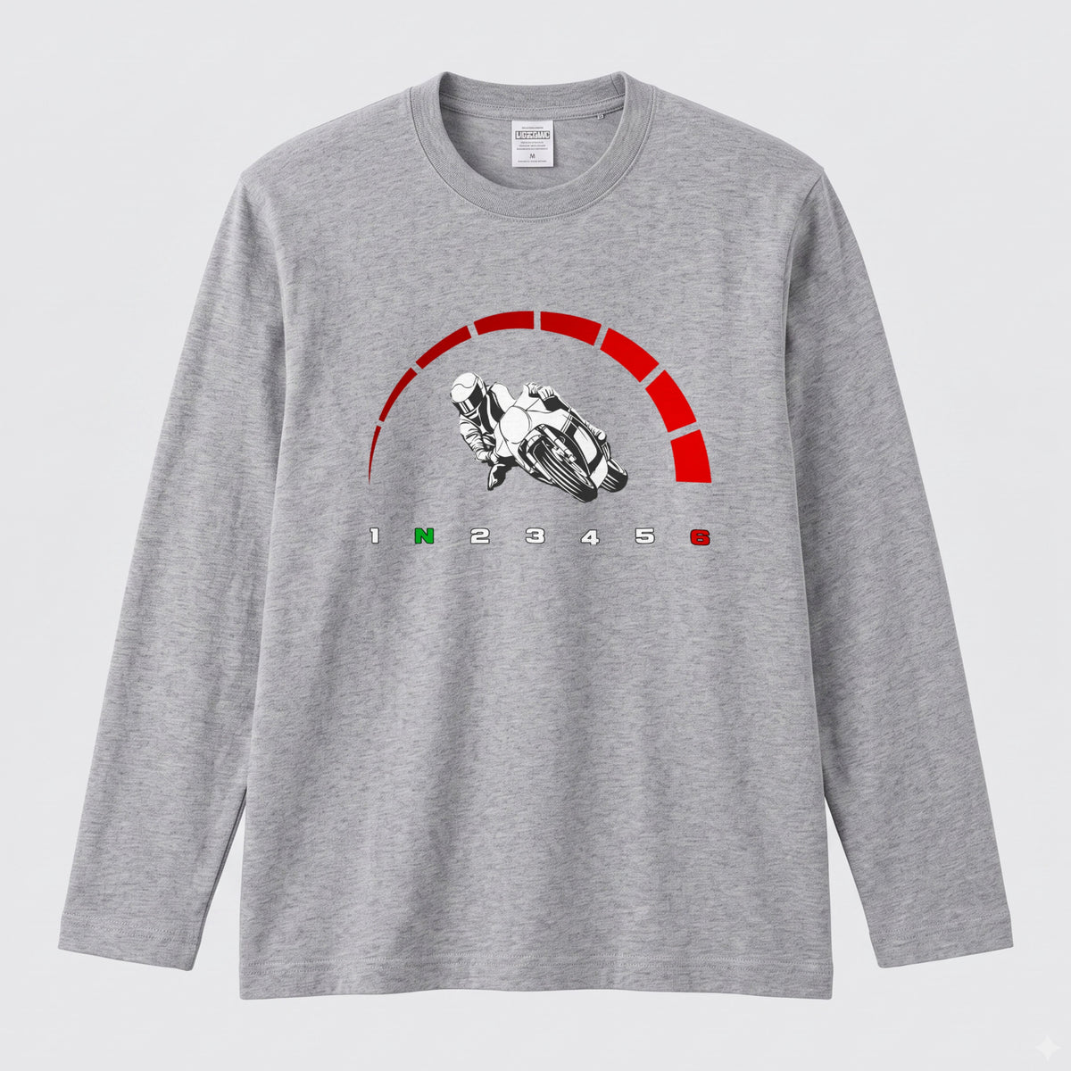 【サーキット＆SS好き必見】バイク タコメーター レッドゾーン ロングスリーブ Tシャツ 1N23456 ツーリング バイクウェア カジュアル ライダー ギフト