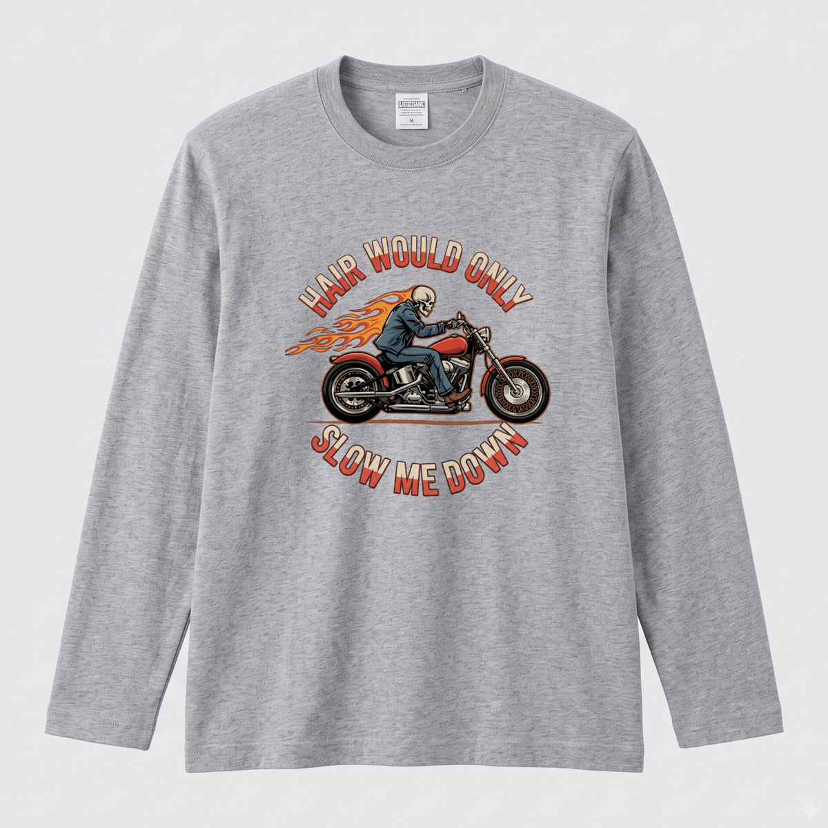 バイク スカル ロンT HAIR WOULD ONLY SLOW ME DOWN ドクロ 炎 ファイヤー アメリカン クルーザー 長袖 Tシャツ メンズ レディース バイク乗り ライダー ツーリング 服 おもしろ ギフト