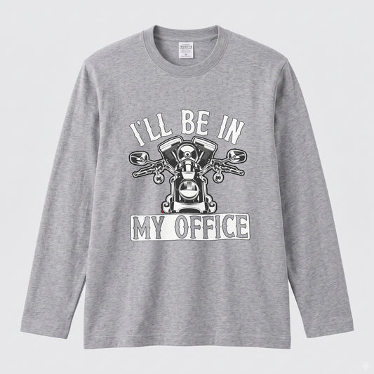 バイク おもしろ ロンT I'LL BE IN MY OFFICE Vツイン エンジン アメリカン クルーザー 長袖 Tシャツ メッセージ メンズ レディース バイク乗り ライダー ツーリング 服 ギフト