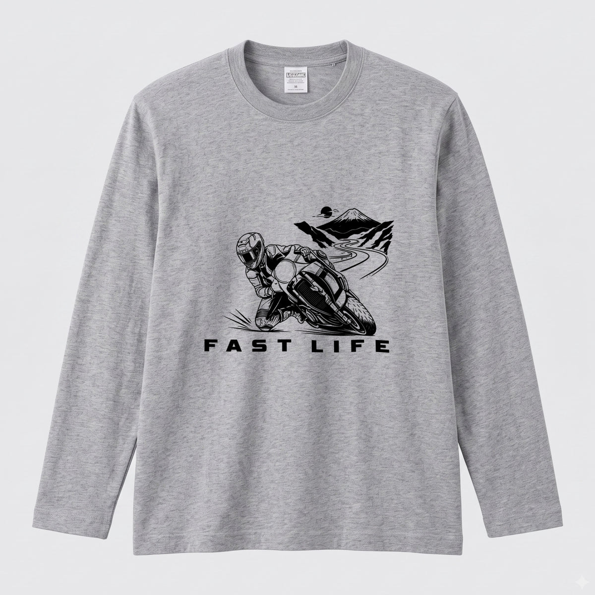 FAST LIFE | モーターサイクル レーサー イラスト モノトーン 長袖Tシャツ【バイク男子・バイク女子・ストリート・ギフト】