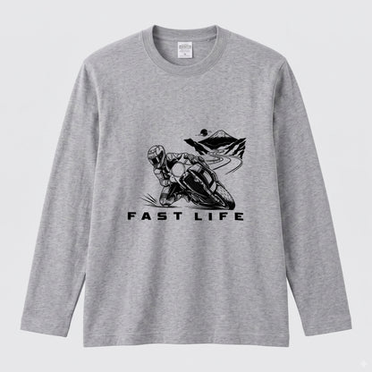 FAST LIFE | モーターサイクル レーサー イラスト モノトーン 長袖Tシャツ【バイク男子・バイク女子・ストリート・ギフト】