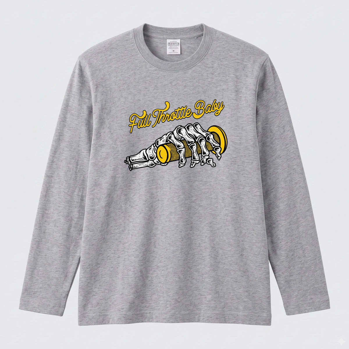 FULL THROTTLE BABY | アメカジ スケルトン グリップ バイク乗り イラスト 長袖Tシャツ【バイク好き・ガレージ・ツーリングウェア・プレゼントに最適】