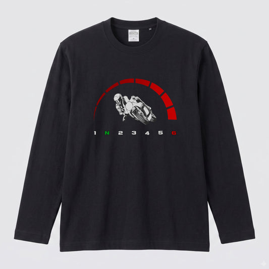 【サーキット＆SS好き必見】バイク タコメーター レッドゾーン ロングスリーブ Tシャツ 1N23456 ツーリング バイクウェア カジュアル ライダー ギフト