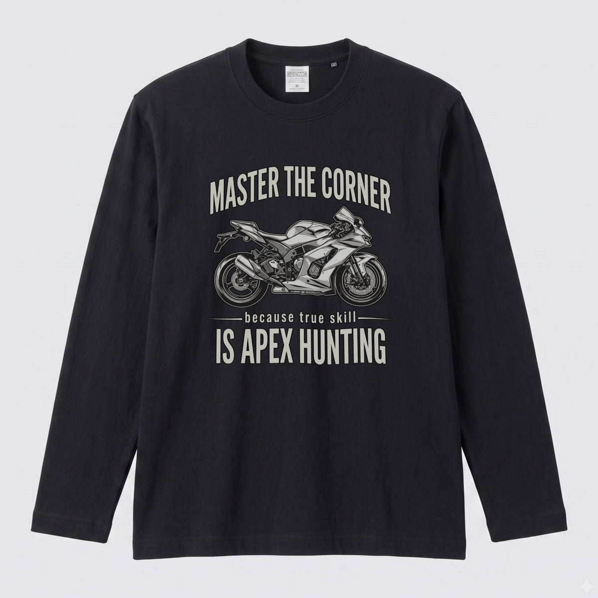 MASTER THE CORNER | モーターサイクル レーサー イラスト 英字ロゴ 長袖Tシャツ【バイク男子・バイク女子・ストリート・ギフト】
