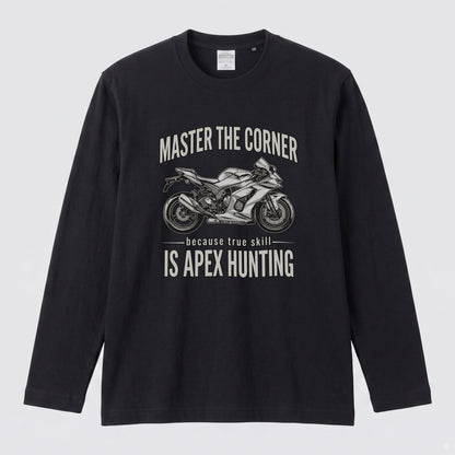 MASTER THE CORNER | モーターサイクル レーサー イラスト 英字ロゴ 長袖Tシャツ【バイク男子・バイク女子・ストリート・ギフト】