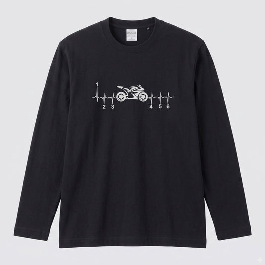 MOTORBIKE BEAT | バイク ギア 心電図 イラスト シンプル モノトーン 長袖Tシャツ【バイク乗り・メンズ・ストリート・ギフト】