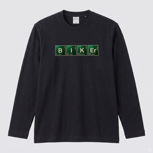 BIKER CHEMISTRY | 周期表 パロディ バイク ライダー 英字 ロゴ 長袖Tシャツ【バイク好き・ツーリングウェア・普段着・プレゼントに最適】