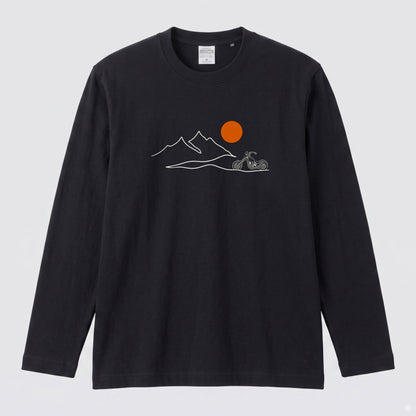 バイク＆マウンテン サンセット ロングスリーブ Tシャツ チョッパー アウトドア バイクウェア カジュアル ライダー ギフト