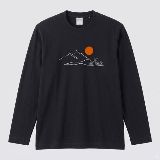 バイク＆マウンテン サンセット ロングスリーブ Tシャツ チョッパー アウトドア バイクウェア カジュアル ライダー ギフト