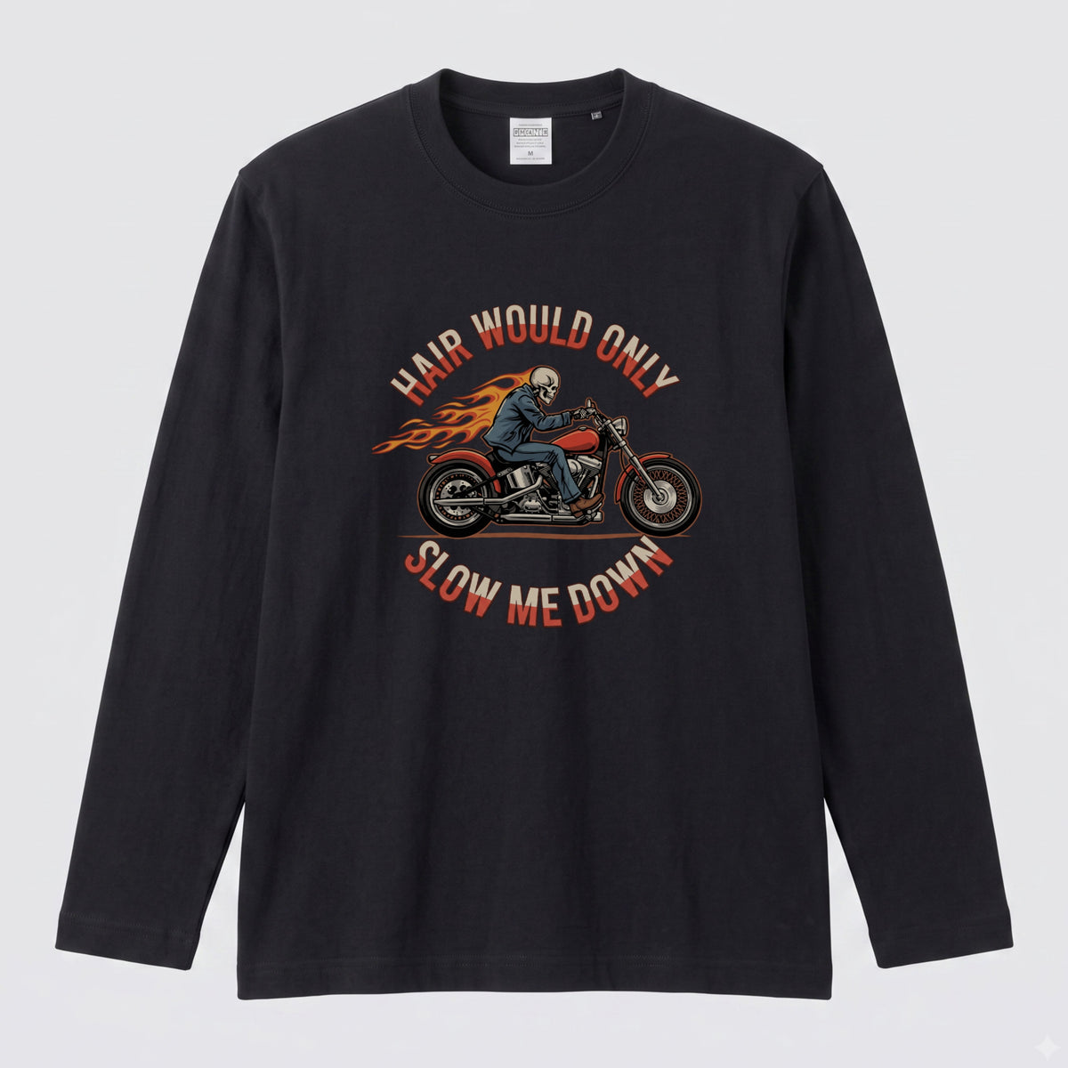 バイク スカル ロンT HAIR WOULD ONLY SLOW ME DOWN ドクロ 炎 ファイヤー アメリカン クルーザー 長袖 Tシャツ メンズ レディース バイク乗り ライダー ツーリング 服 おもしろ ギフト