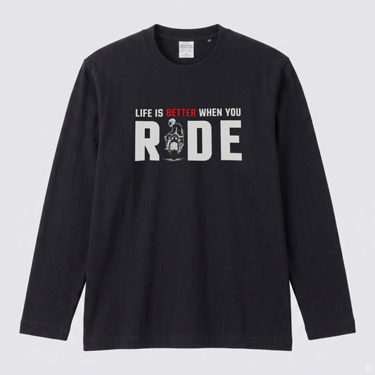 LIFE IS BETTER WHEN YOU RIDE | スーパースポーツ バイク ライダー 英字ロゴ スポーティ グラフィック 長袖Tシャツ【バイク雑貨・ツーリング・カジュアル・ギフトに最適】