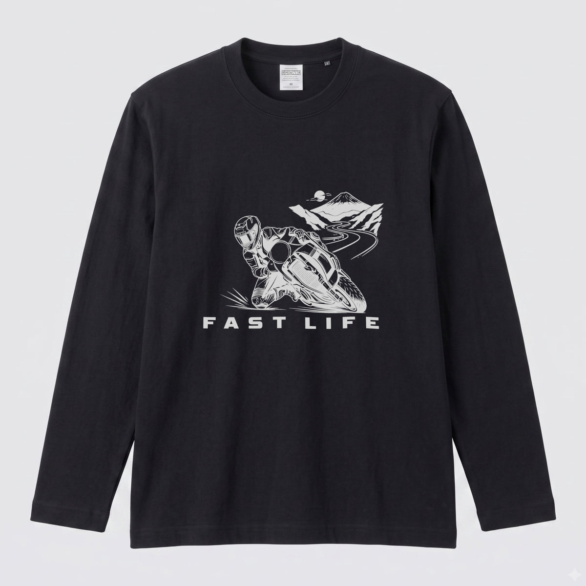 FAST LIFE | モーターサイクル レーサー イラスト モノトーン 長袖Tシャツ【バイク男子・バイク女子・ストリート・ギフト】