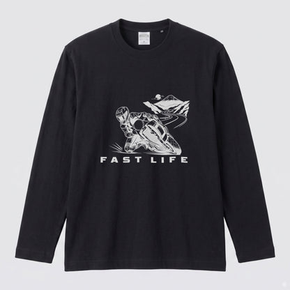 FAST LIFE | モーターサイクル レーサー イラスト モノトーン 長袖Tシャツ【バイク男子・バイク女子・ストリート・ギフト】