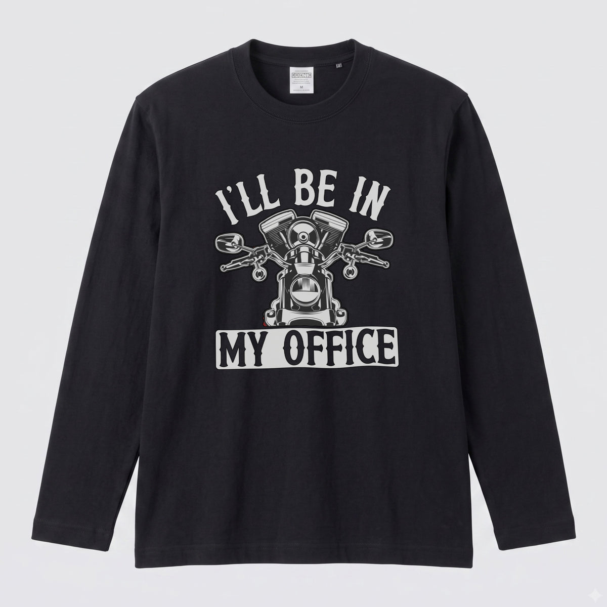 バイク おもしろ ロンT I'LL BE IN MY OFFICE Vツイン エンジン アメリカン クルーザー 長袖 Tシャツ メッセージ メンズ レディース バイク乗り ライダー ツーリング 服 ギフト
