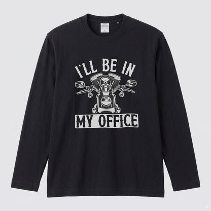 バイク おもしろ ロンT I'LL BE IN MY OFFICE Vツイン エンジン アメリカン クルーザー 長袖 Tシャツ メッセージ メンズ レディース バイク乗り ライダー ツーリング 服 ギフト