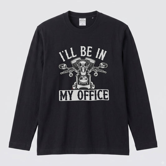 バイク おもしろ ロンT I'LL BE IN MY OFFICE Vツイン エンジン アメリカン クルーザー 長袖 Tシャツ メッセージ メンズ レディース バイク乗り ライダー ツーリング 服 ギフト