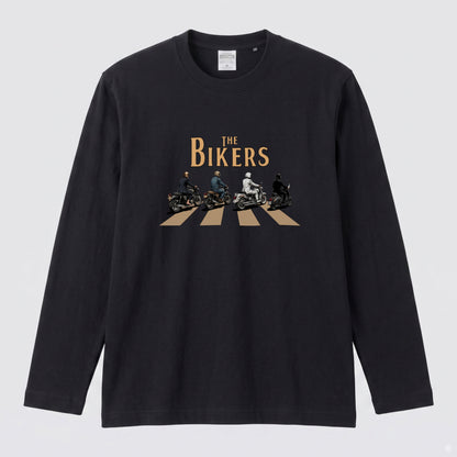 THE BIKERS CROSSING | クラシックバイク スクーター ライダー仲間 横断歩道 イラスト 長袖Tシャツ【バイク好き・ツーリングウェア・普段着・プレゼントに最適】