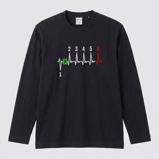 SHIFT HEARTBEAT | バイク シフト ギア 心電図 イラスト スポーティ 長袖Tシャツ【バイク男子・バイク女子・ルームウェア・ギフト】